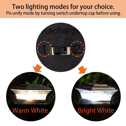 Solar Post Lights For Outdoor Deck And Fence Two Mode Led Lighting Warm White Or Bright White Black Finish 6 Pack switch