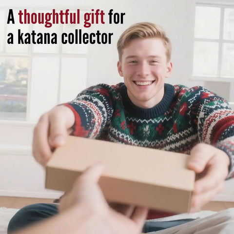 Smiling person gifting a box, possibly containing a Vertical Katana Wall Mount Holder Adjustable Samurai Sword Wall Hanger.