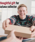 Person gifting box, labeled 'thoughtful gift for a katana collector'