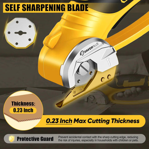 SakerPlus Cordless Electric Scissors Box Cutter With Rechargeable Battery, featuring self-sharpening blade for max 0.23" cutting thickness.