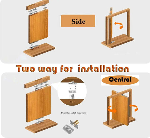 Diagram showing two-way installation of hidden door pivot hinges for Murphy doors and bookcase hidden doors, with ball catch hardware.