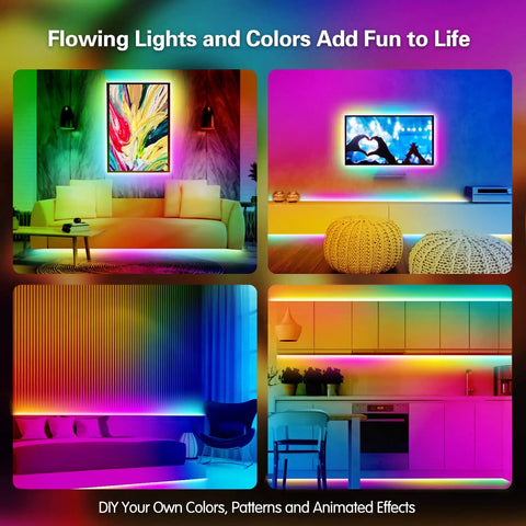 50ft Color Changing LED Strip Lights With Bluetooth Music Sync illuminating bedroom, living room, kitchen, and gaming setups.