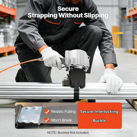 Heavy Duty Pneumatic Steel Strapping Machine For 1.25 Inch Wide Buckles With Integrated Tensioner And Cutter Sealer in use packaging steel tubes.