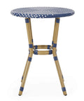 Picardy Outdoor Bistro Table In Dark Teal White And Bamboo Print Finish With Aluminum Frame And Wicker Wrappings French Inspired Cafe Style