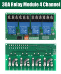 30A 4 Channel Relay Module 12V Expansion Board With High Low Level Trigger Optocoupler Isolation For PLC Automation Equipment Control Industrial Applications, showing front view with connectors and components.