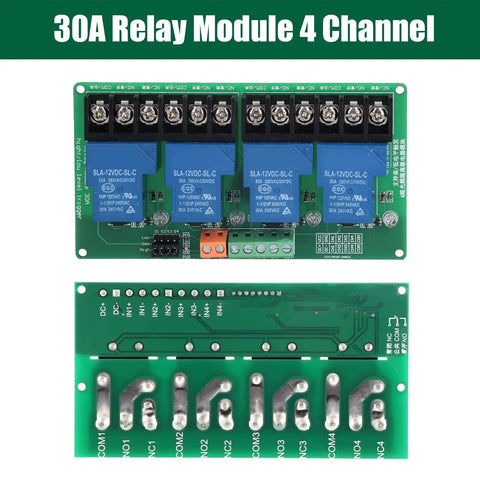 30A 4 Channel Relay Module 12V Expansion Board With High Low Level Trigger Optocoupler Isolation For PLC Automation Equipment Control Industrial Applications, showing front view with connectors and components.