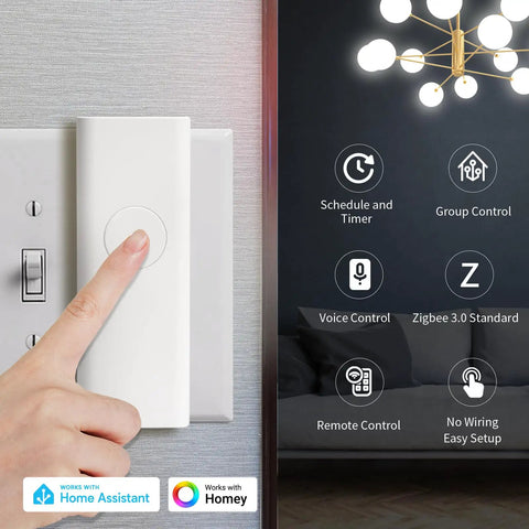 Zigbee Smart Switch Toggle Rocker No Wiring Needed Hub Required Works With Echo Devices With Zigbee Hub Built In Home Assistant Hubitat SmartThings And Homey Easy Installation Snaps On Top Of Existing Toggle Switch For Mechanical Control And Smart on wall switch, white plastic