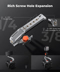 Dual Mount Camera Top Handle With NATO Clamp And ARRI Locating Pins, four 1/4-20 and three 3/8-16 thread ports detail view
