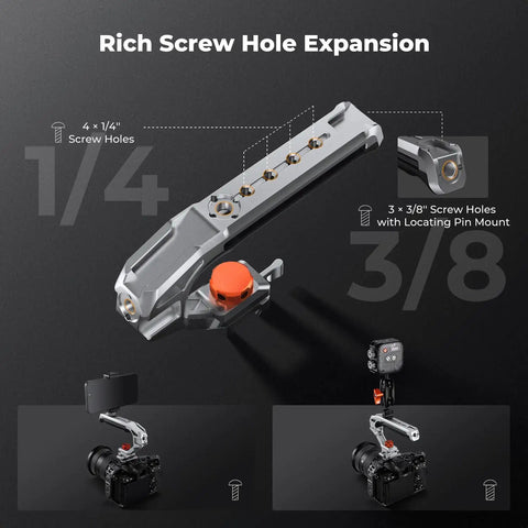 Dual Mount Camera Top Handle With NATO Clamp And ARRI Locating Pins, four 1/4-20 and three 3/8-16 thread ports detail view