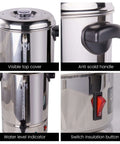 65-Cup Commercial Coffee Urn With 10.5 Qt Capacity, 1250W Stainless Steel Percolator showing top cover, handle, water level, switch