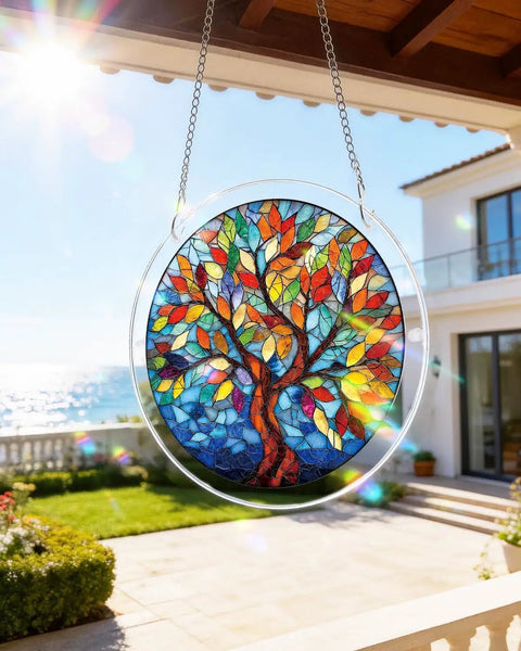 Jigsaw Puzzle Sun Catcher Kit With 83 Pieces DIY Unique Dawn Blossom Sea Design hanging outdoors on stainless steel chain.