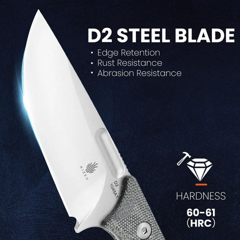 Close-up of Cabox Fixed Blade Knife 3.35 Inch D2 Steel Blade with Micarta handle on dark background.