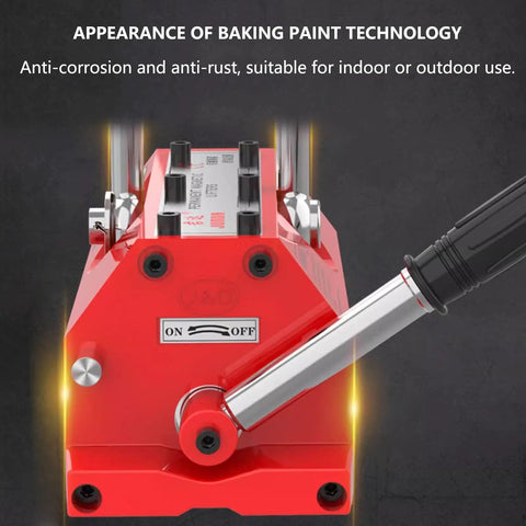 Rock Solid Heavy Duty Magnetic Lifter With Release Handle For Flat Plate Steel And Round Bar Works Like A Dream At Six Thousand Six Hundred Pounds No Sweat showing the manual release handle and anti-corrosion paint.