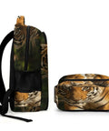 Side and front view of Wild Rock Tiger Printed Backpack for Men and Women, featuring tiger design, large capacity and smooth zipper.