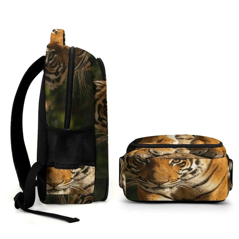 Side and front view of Wild Rock Tiger Printed Backpack for Men and Women, featuring tiger design, large capacity and smooth zipper.