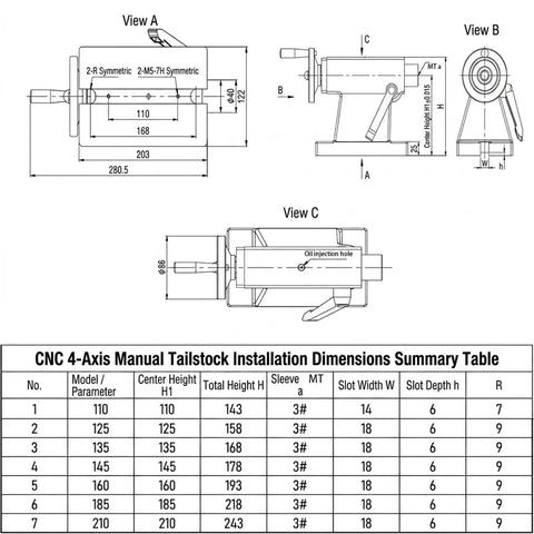 CNC 4-Axis Manual Tailstock Installation Dimensions Summary Table with detailed measurements and views for Top Notch Telescopic Tailstock MT3 Taper Fifty Millimeter Travel Wood Lathe Accessories CNC Machine Built Tough Adjustable Height Zero Hassle Operation For Four Axis Rotary Table Rigs.