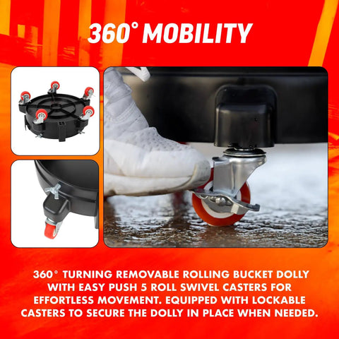 Premium Cyclone Dust Collector Kit With Reinforced Five Gallon Bucket And Rock Solid Rolling Dolly For Shop Vacs showing 360-degree mobility dolly with swivel casters.