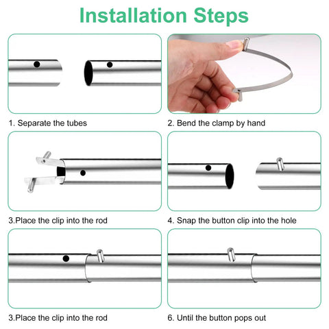 Installation steps for Stainless Steel Pool Pole Clips For Brush And Skimmer Attachments Push Button Butterfly Clip Set.