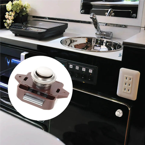 5 Pack Push Button Latches Zinc Alloy For Cabinets And Drawers Durable Grab And Go Quick Access Hardware showcase in kitchen setup