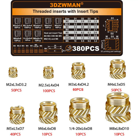 Heat Press And Heat Set Insertion Tool Kit With 380 Threaded Inserts, Heat Set Tips M2 To M8, Brass Knurled Nuts shown in various sizes