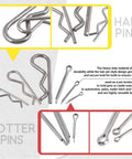 Stainless Steel Clevis Pin And Clips Kit 122 Piece Assortment With 9 Styles M4 M6 M8 Clevis Pins And M1.5 M2 M3 Cotter Pins R Clips Hair Pins shown close-up