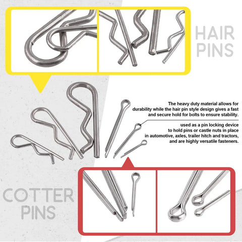 Stainless Steel Clevis Pin And Clips Kit 122 Piece Assortment With 9 Styles M4 M6 M8 Clevis Pins And M1.5 M2 M3 Cotter Pins R Clips Hair Pins shown close-up