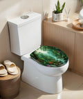 Elongated Tropical Rainforest Stream Waterfall Vibrant Plants Toilet Seat on modern white toilet, surrounded by natural decor.