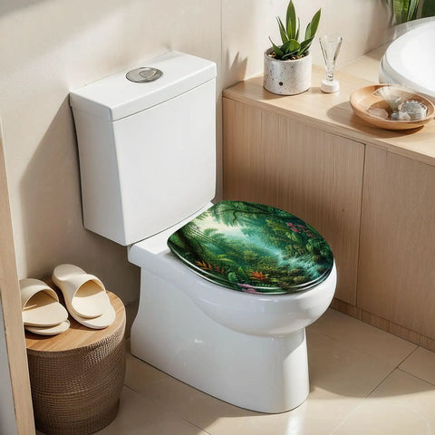 Elongated Tropical Rainforest Stream Waterfall Vibrant Plants Toilet Seat on modern white toilet, surrounded by natural decor.