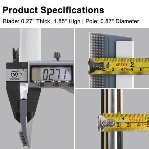 Close-up of 19.7 Inch Wide Floor Squeegee With 51-58 Inch Telescoping Stainless Steel Handle, showing blade thickness and pole diameter.