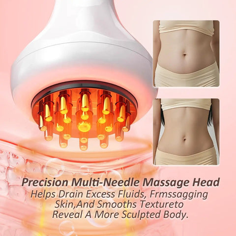 Close-up of a Premium Lymphatic Drainage Massager with microcurrent and heat features, showcasing massage needles and light therapy.