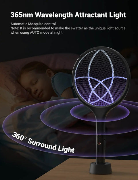 Electric Fly Swatter 4000V Bug Zapper Racket With Dual Modes And Rechargeable Battery Indoor Outdoor Mosquito Killer With Purple Light Easy Auto Zap Great For Home Office Backyard Patio Camping standing on table with purple glowing light