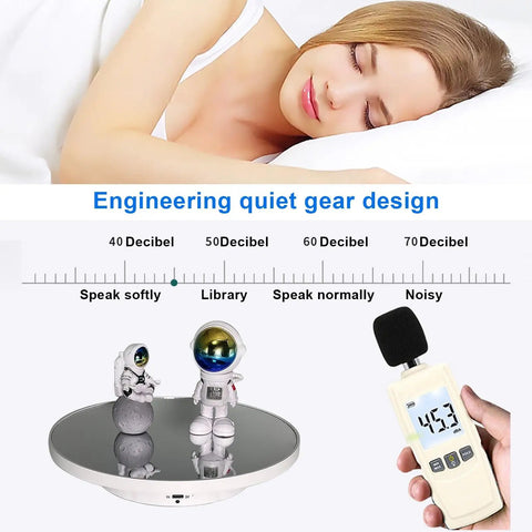 Ultimate 3 In 1 Motorized Rotating Display Stand With 360 Degree Electric Turntable holding astronaut figurines on mirrored surface.