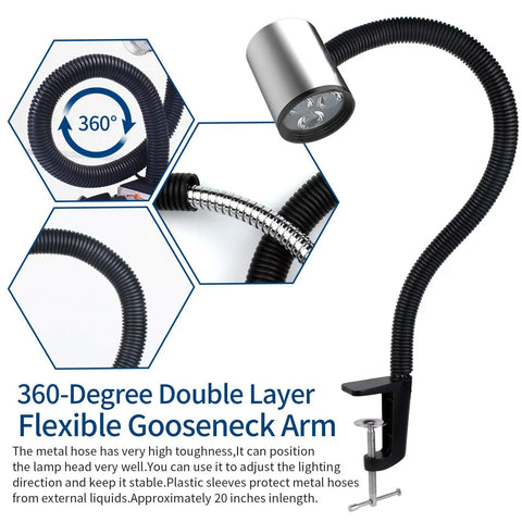 Led C Clamp Work Light With Flexible Gooseneck IP65 Waterproof 900 Lumen LED Lamp For Lathes Milling Machines Drill Presses And Built Tough Industrial Lighting 120 Volt showing side view