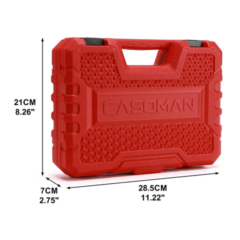 Red impact-resistant case of Beefy 1/4 Inch Drive Master Socket Set With Ratchets, Adapters, Extensions, And Bits, Inches and Metric.