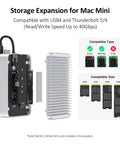 Storage Expansion for Mac Mini M4 and M4 Pro Stand Hub with USB4 and Thunderbolt slots for NVMe SSD compatibility.