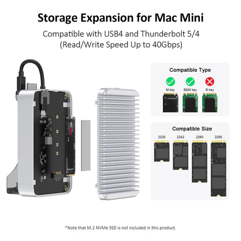 Storage Expansion for Mac Mini M4 and M4 Pro Stand Hub with USB4 and Thunderbolt slots for NVMe SSD compatibility.