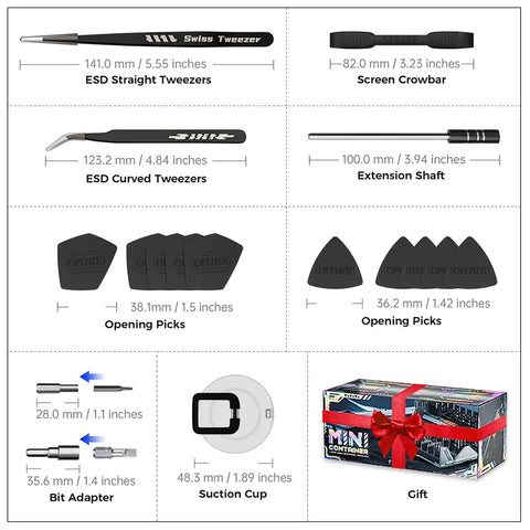 All In One Magnetic Screwdriver Set With 160 Magnetic Bits accessories including tweezers, picks, and suction cup
