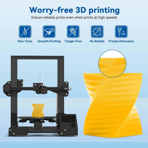 Speedy PLA Filament 1.75mm 1kg Yellow Cardboard Spool For Fast 3D Printing displayed with printed yellow 3D model