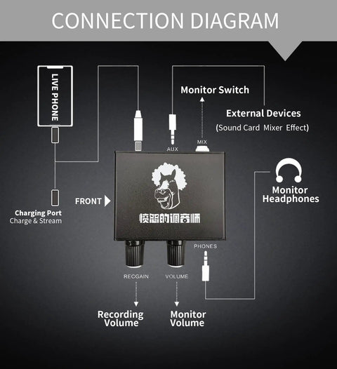 Connection diagram for Lightning To Three Point Five Millimeter OTG Audio Interface For iPhone And iPad with external devices