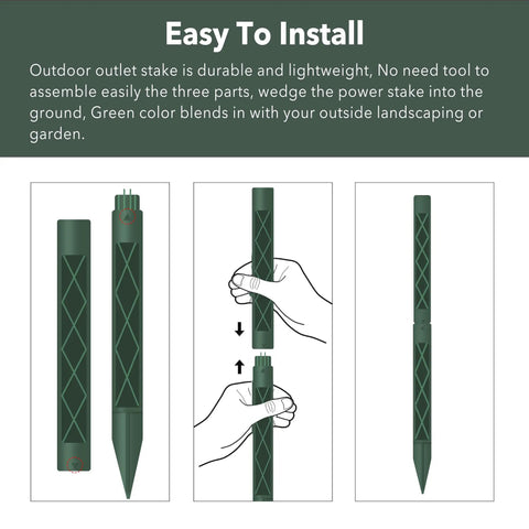 Outdoor Power Stake With 6 Foot Green Extension Cord, IP44 Waterproof, 3 Grounded Outlets With Protective Covers diagram
