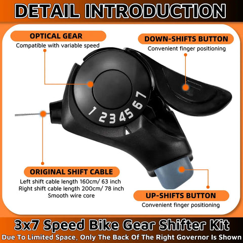 3x7 Speed Bike Shifter Set With TX-30 Levers Pair Thumb Gear Shifters details, showing optical gear and shift buttons