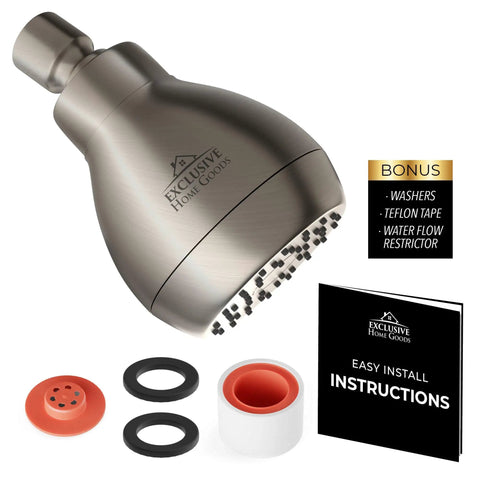 Ultra High Pressure Chrome Shower Head Delivers Crazy Strong Spray With Anti Clog Silicone Nozzles Easy Clean Design shown with accessories