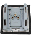 Flush Mounted Recessed Floor Outlet With Dual AC Outlets And Smooth Slide Cover Water Resistant hidden power strip top view with gray and steel finish.
