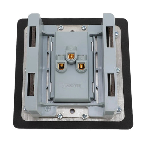 Flush Mounted Recessed Floor Outlet With Dual AC Outlets And Smooth Slide Cover Water Resistant hidden power strip top view with gray and steel finish.