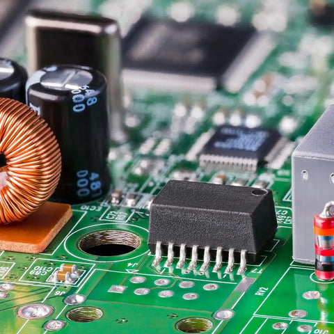 Close-up of electronic components on Eight By Twelve Inch Single Sided Copper Clad Laminate PCB Kit With 4 Pieces 1.2mm FR4 Copper Plated Universal Prototype Board For Etching DIY Projects.