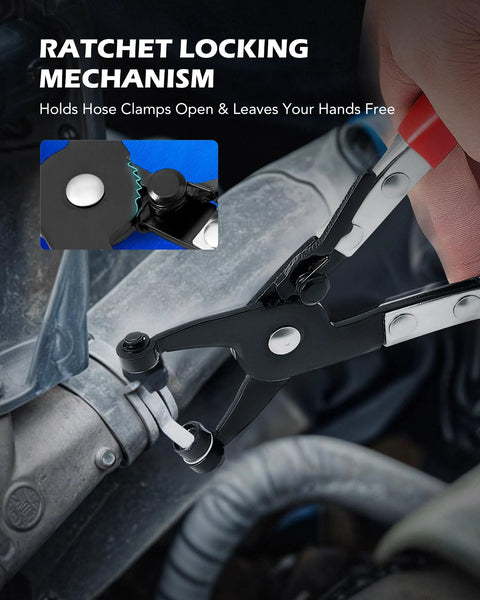 Orion Motor Tech black-metal long-reach hose clamp pliers in use removing a coolant hose clamp from a radiator hose