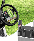 Heavy Duty Flip Up Golf Cart Steering Wheel Cell Phone Mount Fits Club Car EzGo Yamaha Carts with scorecard on display.