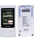 Front and back view of Pocket EMF Meter With Multi Field Readout Up To 2000mG ELF RF Gauss Meter Electric Field And Electromagnetic Field Strength Tester 4 Digit LCD With Green Warning Indicator Portable And Handy.