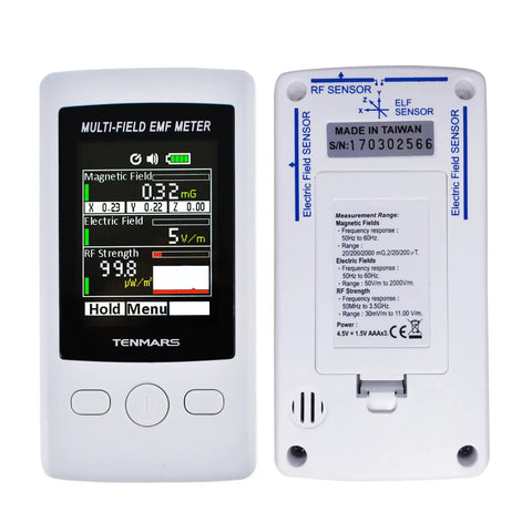 Front and back view of Pocket EMF Meter With Multi Field Readout Up To 2000mG ELF RF Gauss Meter Electric Field And Electromagnetic Field Strength Tester 4 Digit LCD With Green Warning Indicator Portable And Handy.