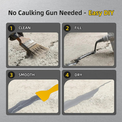 Self Leveling Concrete Crack Filler Kit 4 Pack All In One With Waterproof And High Elasticity application steps shown.